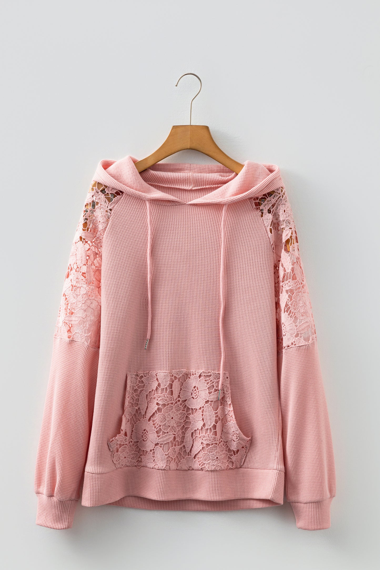 Gossamer Pink Lace Patchwork Raglan Sleeve Kangaroo Pocket Waffle Hoodie